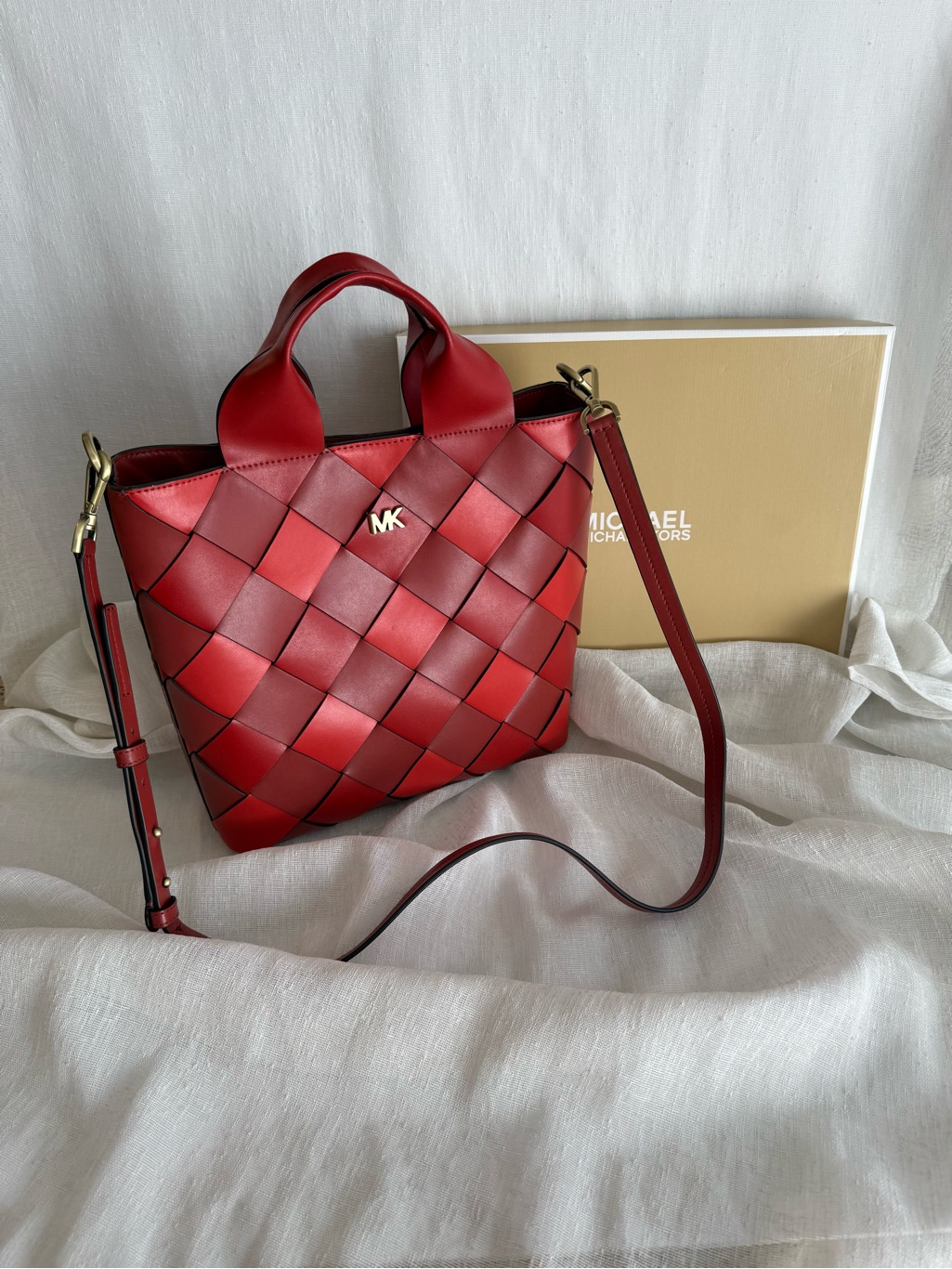 Michael Kors Red Woven Leather Crossbody Tote